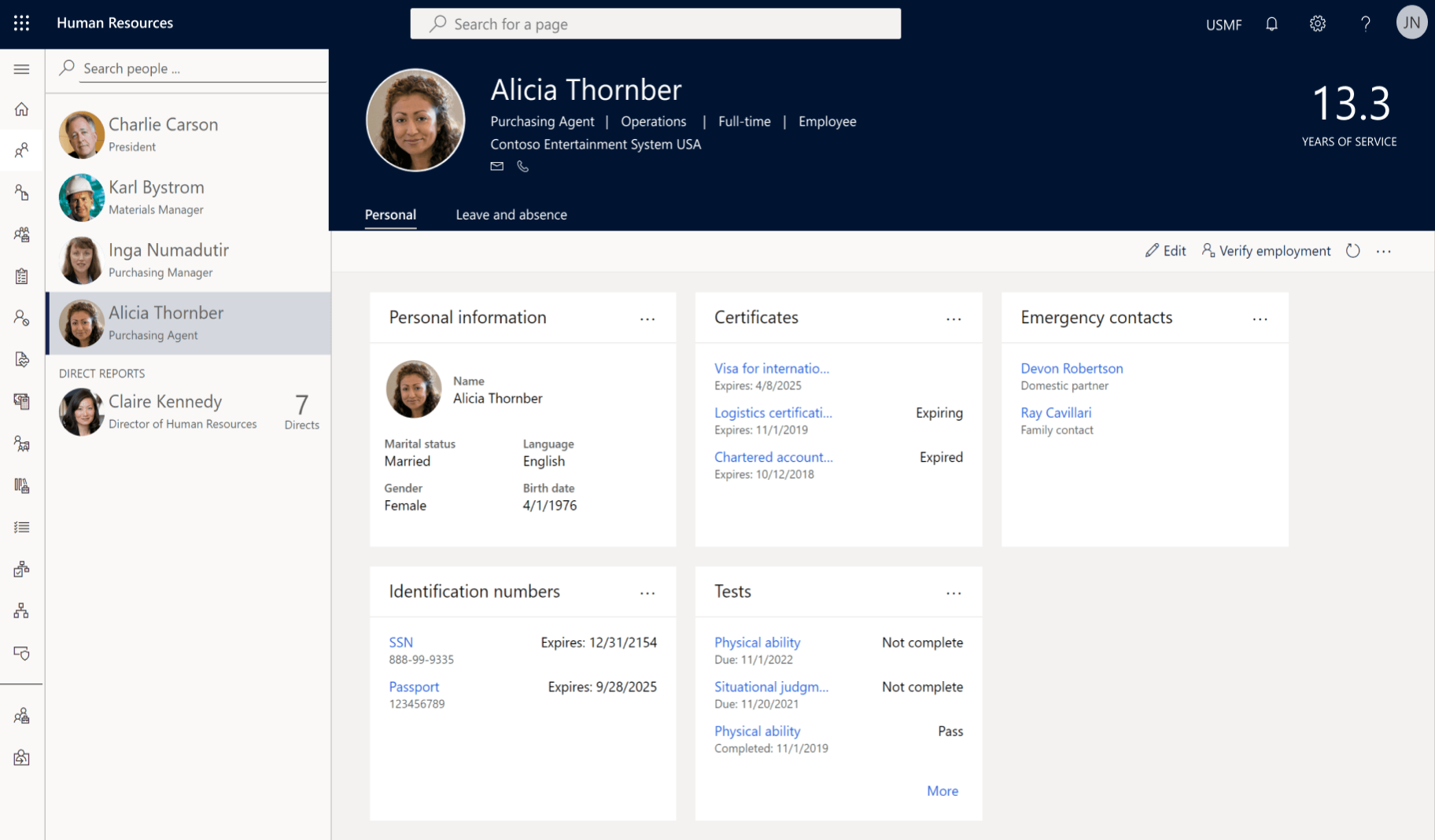 dynamics 365 human resources personal information