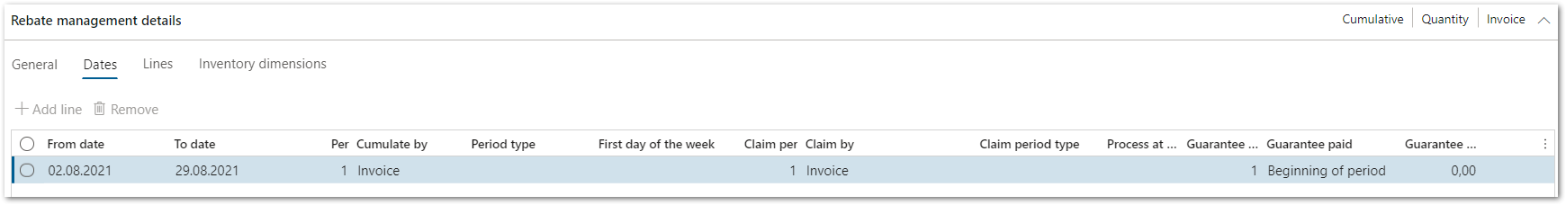 2-16 Rebate management deal - Line details - Dates view