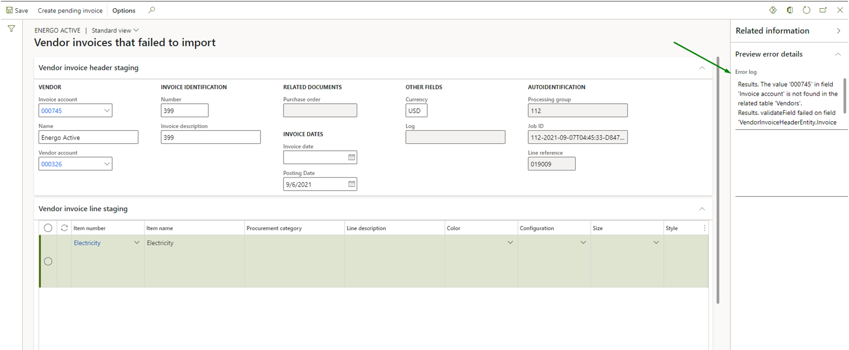 Vendor invoice automation_Pic. 8 – Vendor invoices that failed to import view