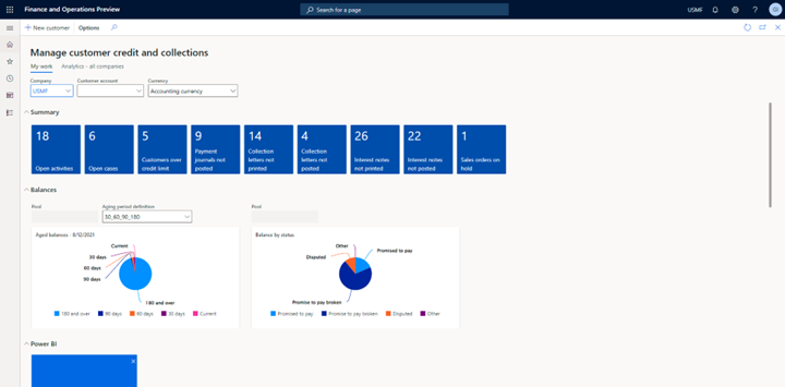 Microsoft Dynamics 365 F&O. Manage customer credit and collections workspace