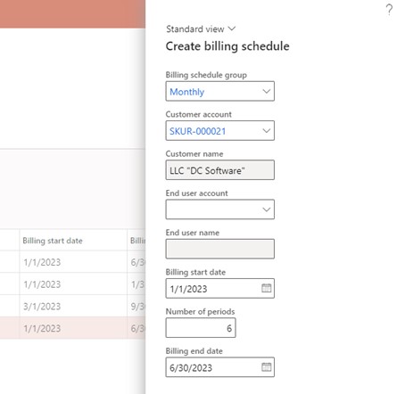 Billing schedule creation form