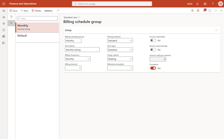 Billing schedule group setup form