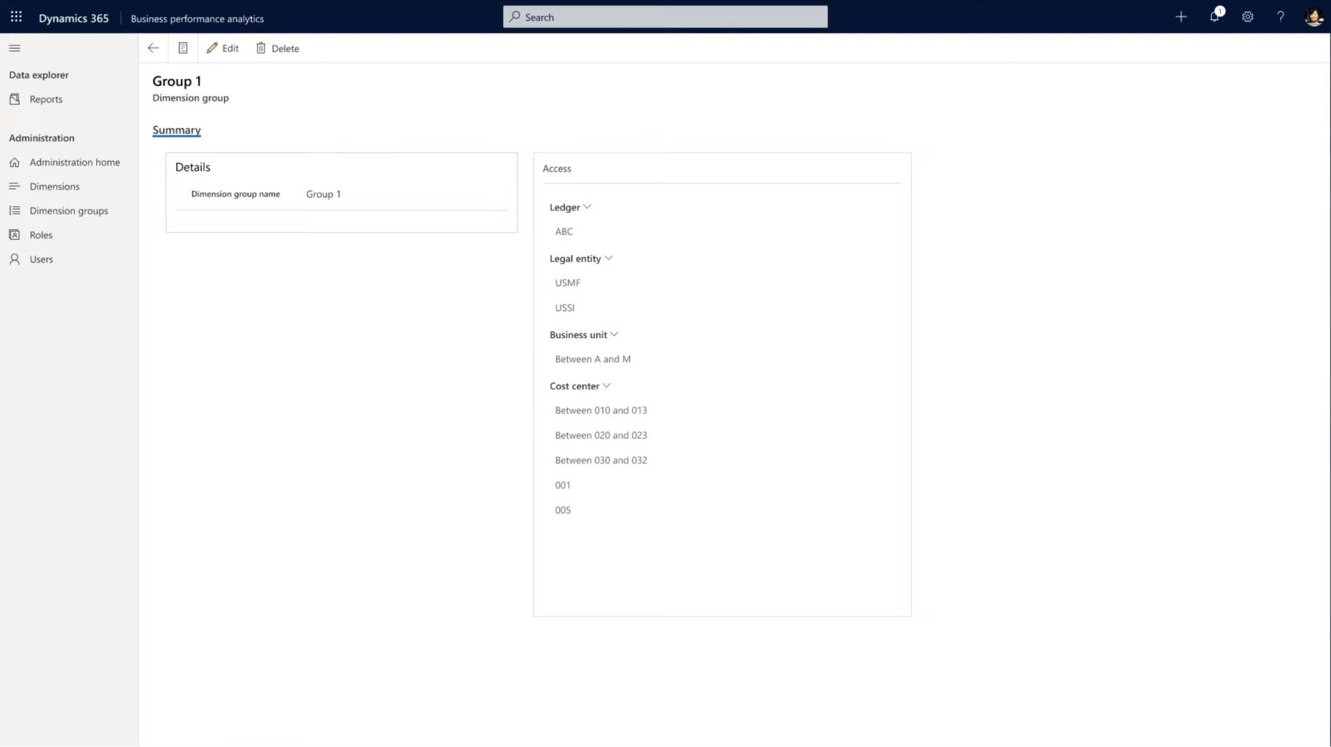 Dimension group setup example