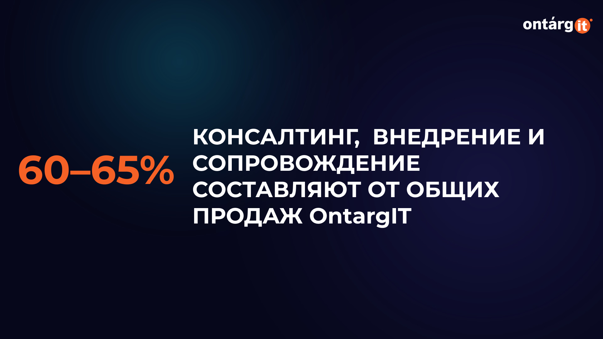 Консалтинг, внедрение решений и сопровождение в настоящее время составляют 60–65% общих продаж OntargIT Консалтинг, внедрение решений и сопровождение в настоящее время составляют 60–65% общих продаж OntargIT