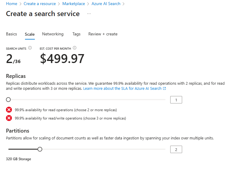 Azure 'Create a search service' scale tab showing 2 search units, estimated cost $499.97, 1 replica, and 2 partitions.