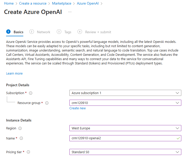 Azure portal form to create an Azure OpenAI resource with project and instance details.