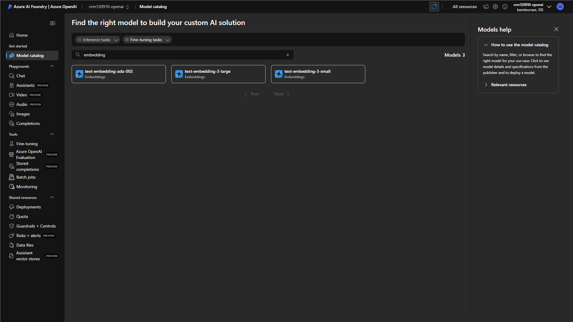 Azure AI Foundry model catalog with embedding models list.