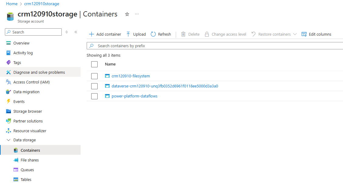 Azure Storage account containers view showing three containers: crm120910-filesystem, dataverse-crm120910, and power-platform-dataflows.