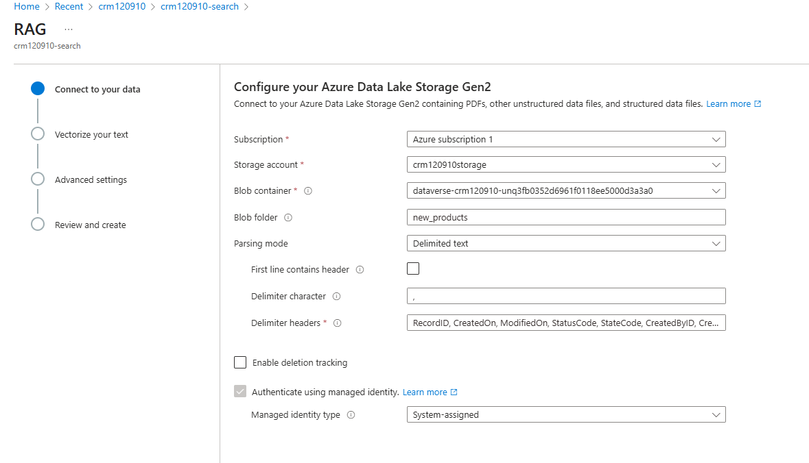 Azure RAG setup screen configuring Azure Data Lake Storage Gen2 with subscription, storage account, blob container, folder, parsing mode, and delimiter settings.