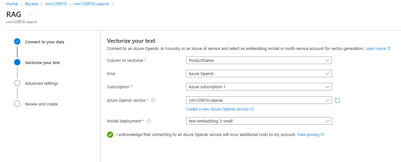 Azure RAG setup screen for vectorizing text, selecting ProductName column, Azure OpenAI service, and embedding model text-embedding-3-small.