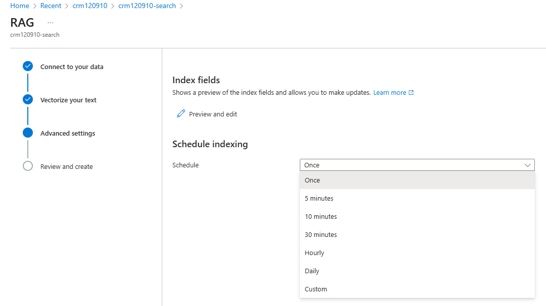 Azure Interface instruction: Schedule Indexing