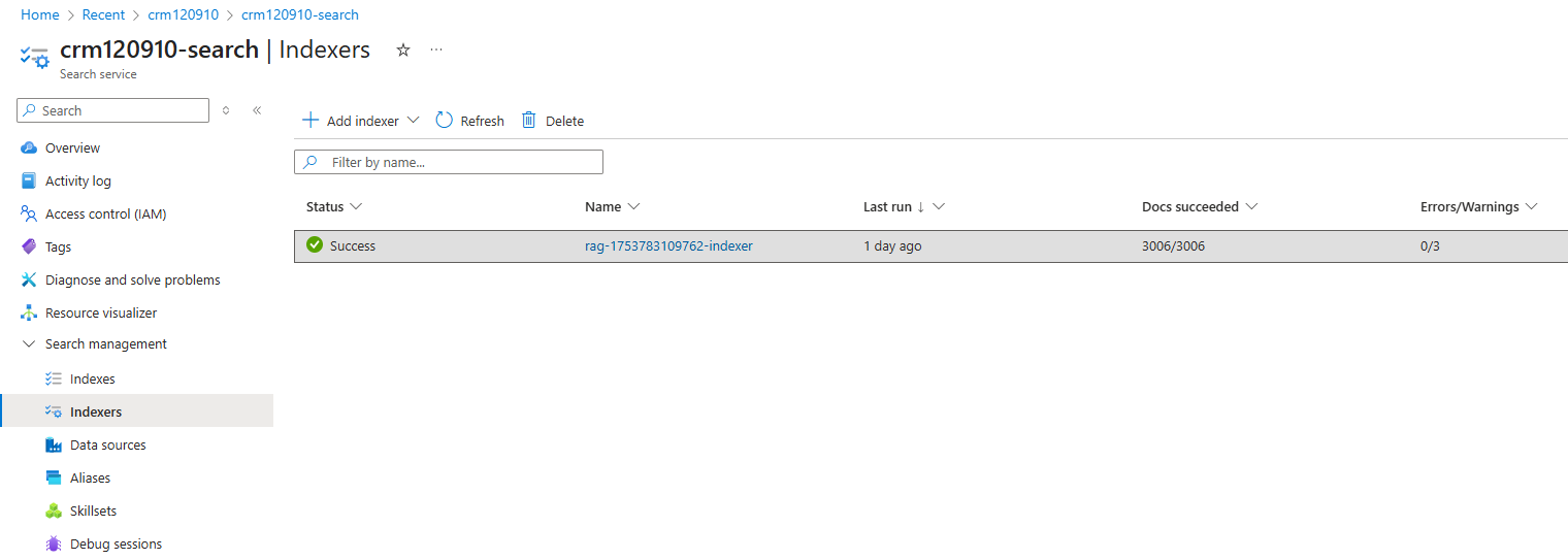 Azure portal screenshot showing Indexer status