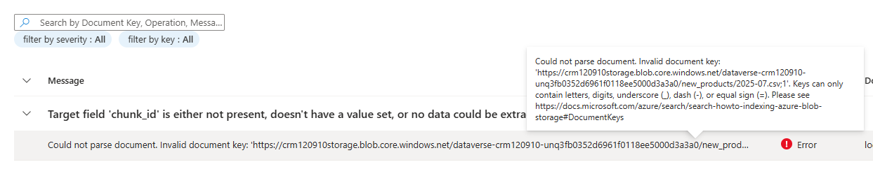 Azure indexer error message