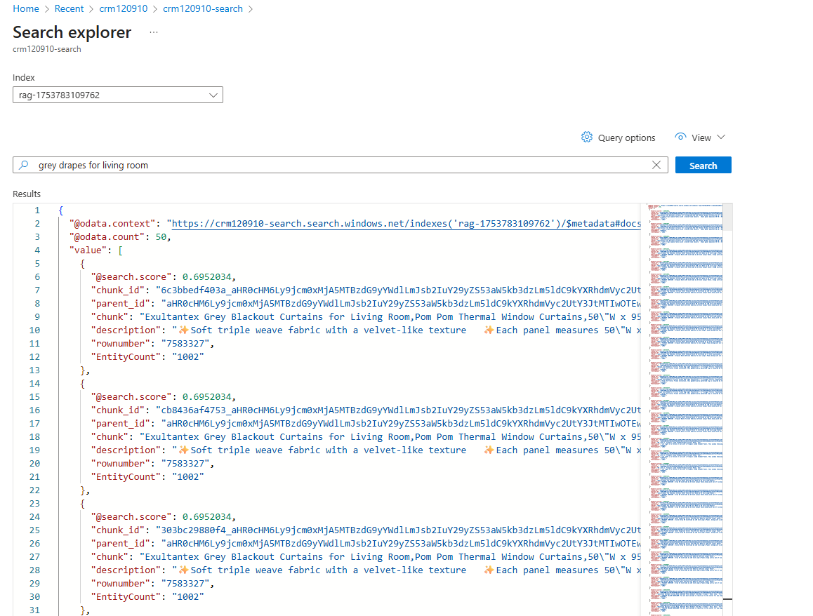 Azure Search Explorer showing query "grey drapes for living room" returning indexed JSON results with fields like chunk_id, parent_id, chunk, description, rownumber, and EntityCount.