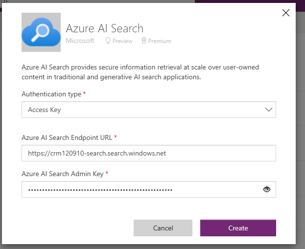 Azure AI Search connection setup window showing fields for Authentication type, Endpoint URL, and Admin Key before creating a connection.