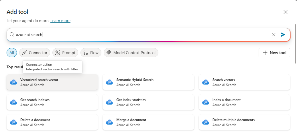 “Add tool” window showing Azure AI Search options like Vectorized Search, Semantic Hybrid Search, Search vectors, Get search indexes, and document management actions.
