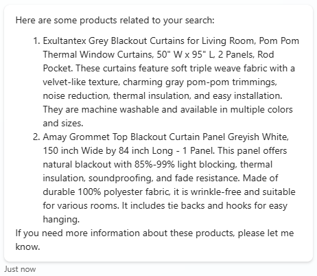 Chat output showing search results with product suggestions: Grey blackout curtains with pom-pom design. Greyish white blackout curtain panel with thermal insulation.