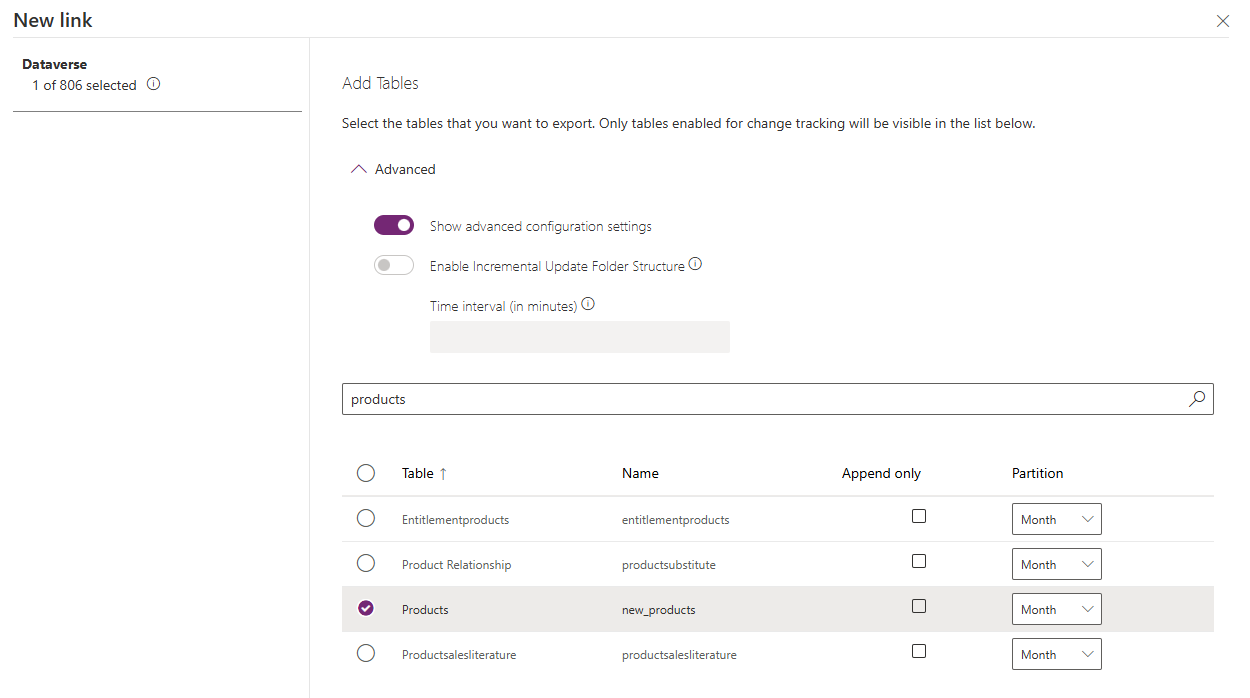 Dataverse 'New link' window showing table selection. 'Products' table is selected with partition set to Month.