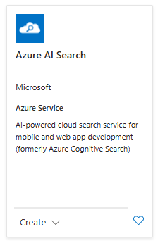 Card for Azure AI Search service showing description and create option.