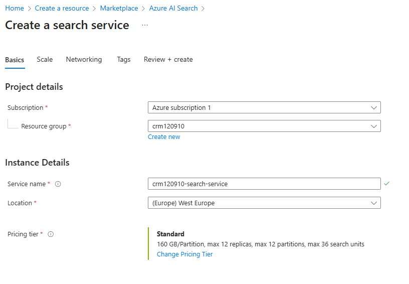 Azure portal 'Create a search service' page showing project details and instance details form.