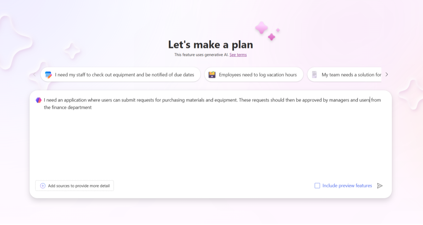 Copilot creates an app from a natural language description.