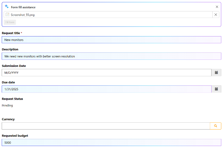 Purchase request form in Copilot filled with details for new monitors