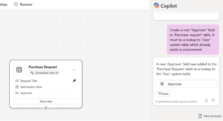 Copilot adds an Approver field to a Purchase Request table using a natural language command