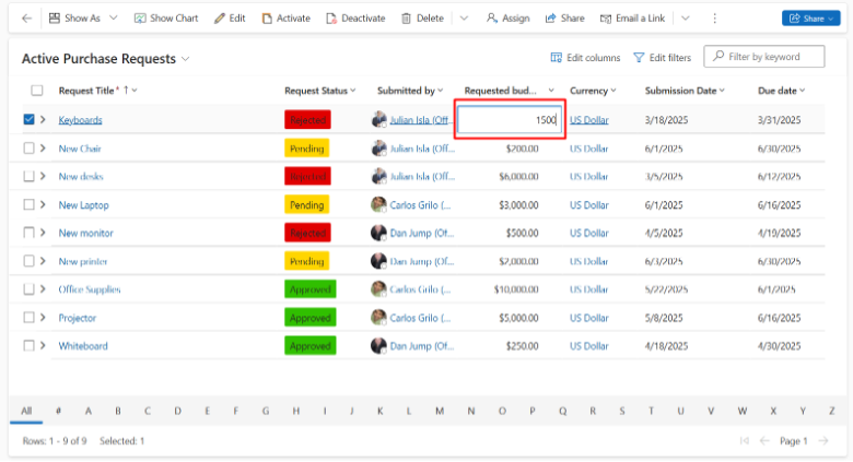 Active Purchase Requests list in Copilot showing related approval records expanded beneath an item