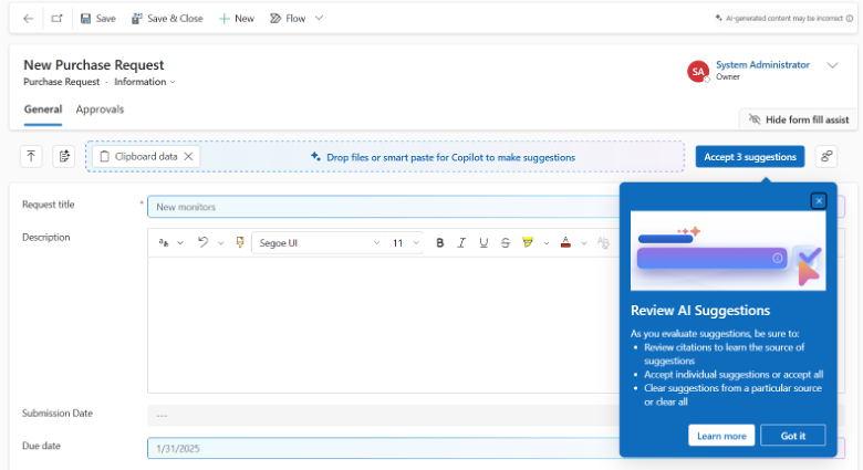 New Purchase Request form in Copilot with AI suggestions panel displayed