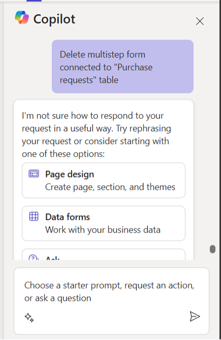 Copilot suggests rephrasing a request to delete a multistep form linked to the Purchase Requests table